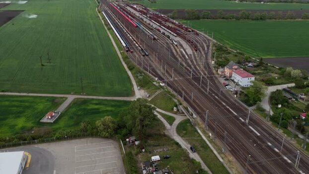 Aerial view of a railway yard and train tracks Czechia. Aerial view of a railway yard and train tracks Czechia.