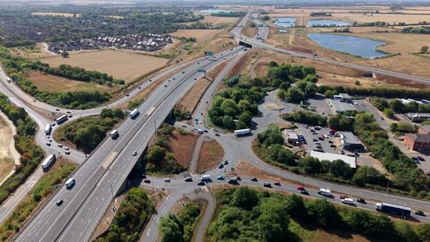 Aerial view of A1 motorway traffic in Huntingdon United Kingdom. Aerial view of A1 motorway traffic in Huntingdon United Kingdom.