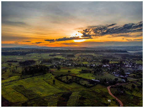 Aerial view of the rural landscape of Kanungu at sunset featuring green fields scattered trees a small village and dirt roads under a golden sky in Kanungu Western Region Uganda.