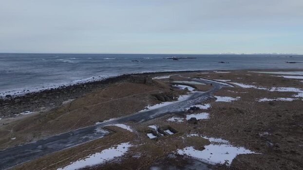 Aerial view of Lofoten coastal landscape Norway.