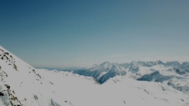 Aerial view of snow covered Baqueira peaks in the Pyrenees Spain.