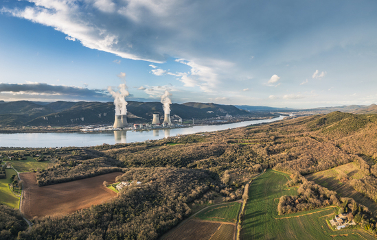 Cruas France 12 February 2026 Aerial view of the Cruas Nuclear Power Plant situated along the Rhone River surrounded by rolling hills agricultural fields and forests. Cruas France 12 February 2026 Aerial view of the Cruas Nuclear Power Plant situated along the Rhone River surrounded by rolling hills agricultural fields and forests.