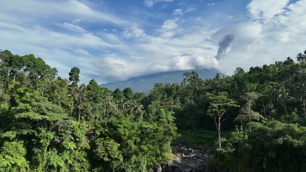 Aerial view of Tumpak Sewu Waterfall in Indonesia.