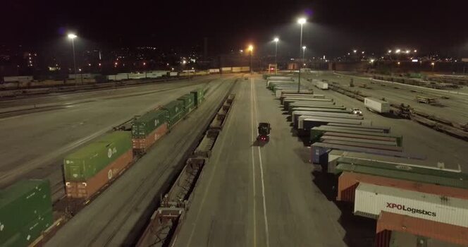 Aerial view of a logistics hub at night United States. Aerial view of a logistics hub at night United States.