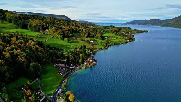 Aerial view of Attersee lake and surrounding hills Austria.