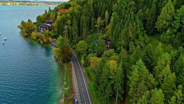 Aerial view of Attersee lake and road in Vocklabruck District Austria.