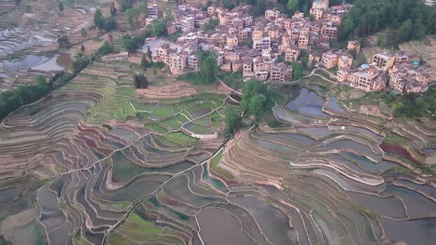 Aerial view of terraced fields and village China.