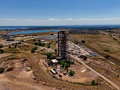 Aerial view of the historic Leyden coal mine tipple structure surrounded by a parking lot and dry landscape in Jefferson County Colorado United States. Aerial view of the historic Leyden coal mine tipple structure surrounded by a parking lot and dry landscape in Jefferson County Colorado United States.