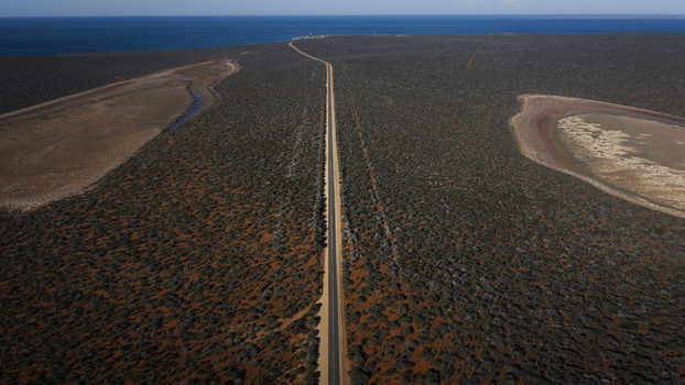 Aerial view of a straight asphalt road cutting through the arid shrub covered landscape of Western Australia leading towards the blue ocean in Perth Western Australia Australia.