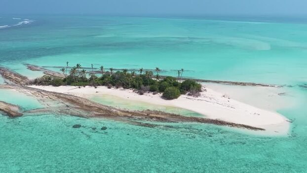 Aerial view of a tropical island with turquoise water Maldives.