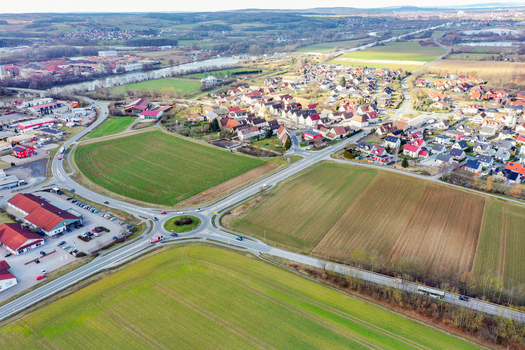 Aerial view of Buttenheim showing the residential area industrial buildings and green fields Buttenheim Bavaria Germany. Aerial view of Buttenheim showing the residential area industrial buildings and green fields Buttenheim Bavaria Germany.