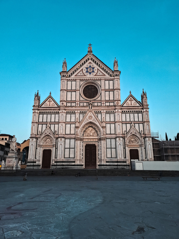 Florence Italy 26 April 2026 View of the Basilica of Santa Croce with its ornate marble facade and intricate architectural details under a clear blue sky. Florence Italy 26 April 2026 View of the Basilica of Santa Croce with its ornate marble facade and intricate architectural details under a clear blue sky.
