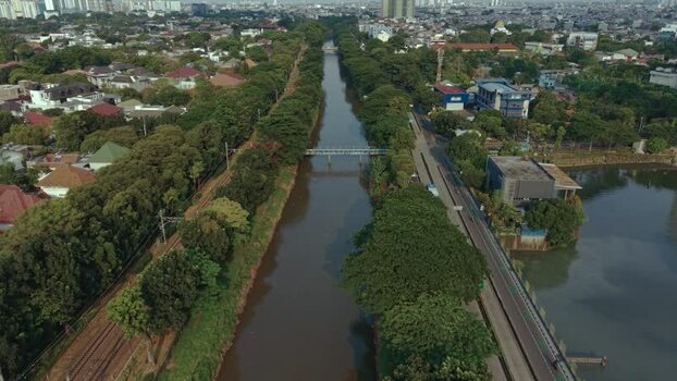 Aerial view of a canal in Jakarta Indonesia.