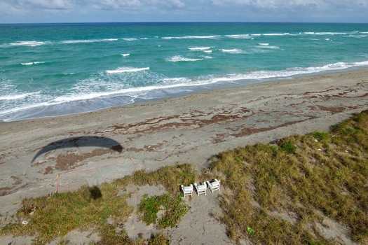 Aerial view of the shoreline where the vibrant turquoise ocean meets the sandy beach shadowed by scattered clouds and dotted with patches of seaweed Jupiter Island Florida United States. Aerial view of the shoreline where the vibrant turquoise ocean meets the sandy beach shadowed by scattered clouds and dotted with patches of seaweed Jupiter Island Florida United States.
