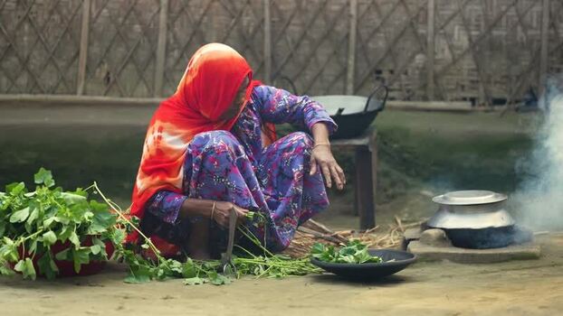 View of a woman preparing vegetables in a rural kitchen Bangladesh.