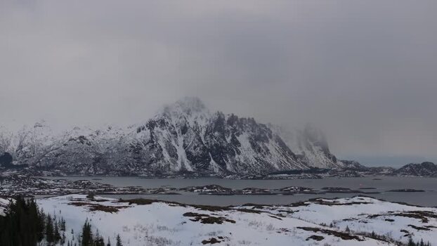 Aerial view of Lofoten mountains in Vagan Municipality Norway.