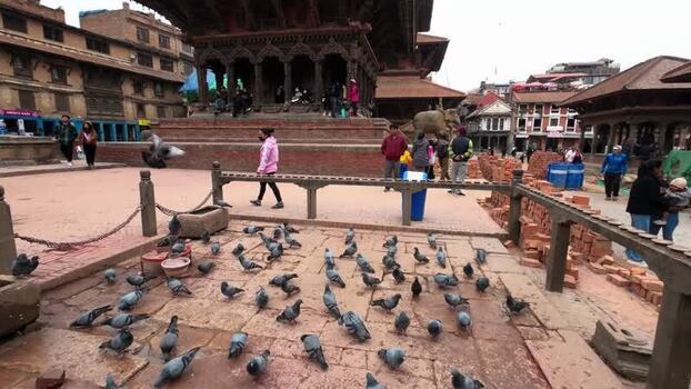 View of Kathmandu Durbar Square with pigeons and people Nepal.