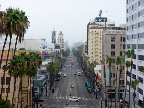 Aerial view of the Hollywood Walk of Fame featuring palm trees lining the street historic buildings and urban traffic under a cloudy sky in Los Angeles California United States.
