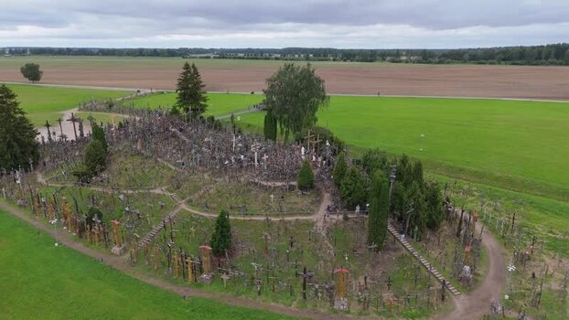 Aerial view of Hill of Crosses in Jurgaiciai Lithuania.