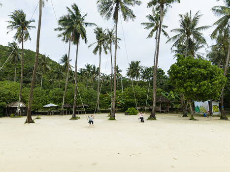 Aerial view of Bobby Beach with its pristine white sand meeting the lush green forest with people playing on swings hanging from palm trees Karimunjawa Central Java Indonesia.