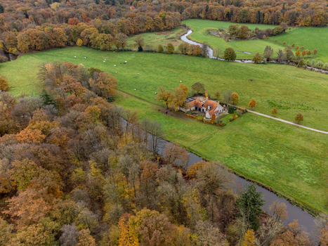 Aerial view of a charming house nestled amidst the vibrant hues of autumn foliage bordered by lush green fields and a meandering river Tilligte Netherlands. Aerial view of a charming house nestled amidst the vibrant hues of autumn foliage bordered by lush green fields and a meandering river Tilligte Netherlands.