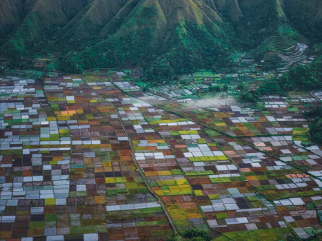 Aerial view of the agricultural basin in Sembalun featuring colorful patchwork fields at the foothills of Mount Rinjani in Sembalun West Nusa Tenggara Indonesia. Aerial view of the agricultural basin in Sembalun featuring colorful patchwork fields at the foothills of Mount Rinjani in Sembalun West Nusa Tenggara Indonesia.