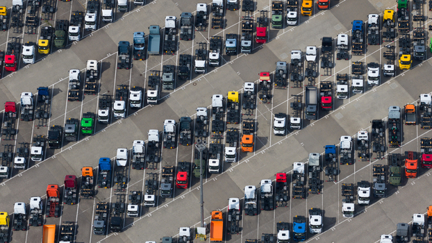 Worth am Rhein Rheinland Pfalz Germany 19 September 2026 Aerial view of the Mercedes Benz Werk Worth facility featuring rows of parked truck chassis in the factory lot.