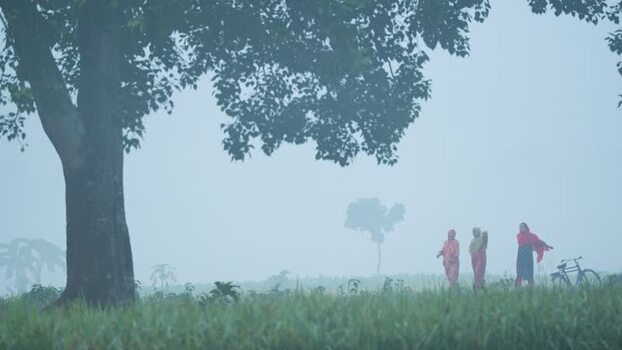 View of women walking in a foggy rural field Bangladesh.
