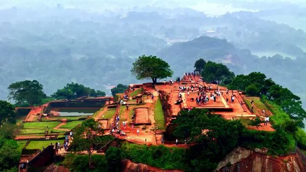 Aerial view of Sigiriya fortress ruins in Sri Lanka.