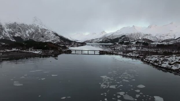 Aerial view of Lofoten bridge in winter Norway.