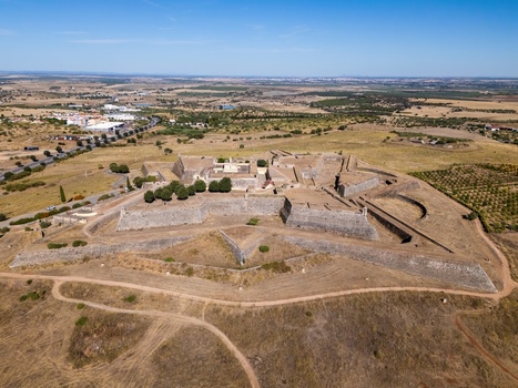 Elvas Portugal 10 September 2026 Aerial view of Forte de Santa Luzia a historic star shaped fortification surrounded by dry landscape and rural fields. Elvas Portugal 10 September 2026 Aerial view of Forte de Santa Luzia a historic star shaped fortification surrounded by dry landscape and rural fields.