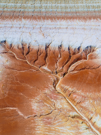 Aerial view of intricate erosion patterns and branching drainage channels in the reddish brown and white arid soil of the Mangystau Region Kazakhstan. Aerial view of intricate erosion patterns and branching drainage channels in the reddish brown and white arid soil of the Mangystau Region Kazakhstan.