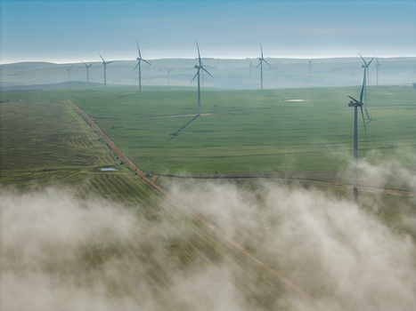 Aerial view of wind turbines standing in green fields with a dirt road and patches of morning mist in Vredenburg Western Cape South Africa. Aerial view of wind turbines standing in green fields with a dirt road and patches of morning mist in Vredenburg Western Cape South Africa.