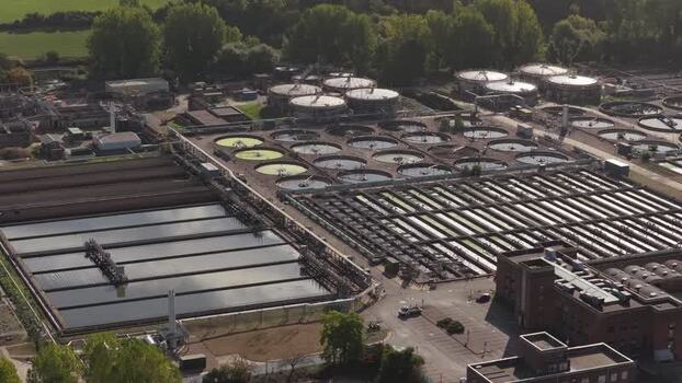 Aerial view of water treatment plant in Maple Cross United Kingdom.