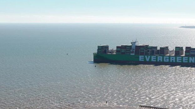 Aerial view of Evergreen cargo ship United Kingdom.