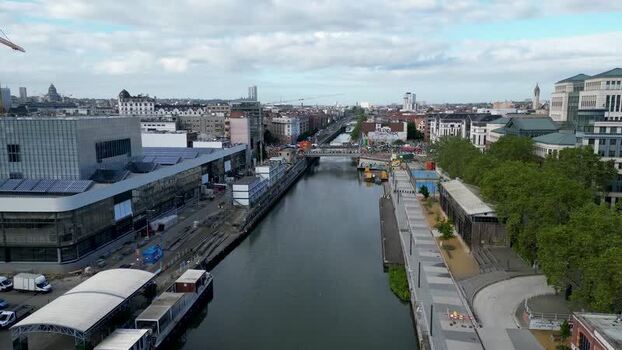 Aerial view of the canal and urban skyline in Brussels Belgium.