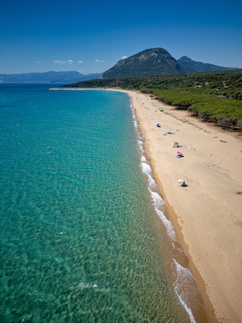 Aerial view of Spiaggia Osalla di Orosei with turquoise water golden sand a lush pine forest and people relaxing on the shore Orosei Sardegna Italy. Aerial view of Spiaggia Osalla di Orosei with turquoise water golden sand a lush pine forest and people relaxing on the shore Orosei Sardegna Italy.