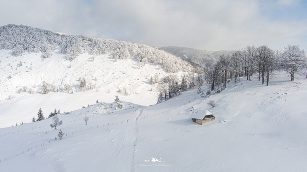 Brasov Brasov Romania 21 September 2026 Aerial view of a small stone cabin nestled in a vast snow covered mountain landscape with bare trees and rolling slopes. Brasov Brasov Romania 21 September 2026 Aerial view of a small stone cabin nestled in a vast snow covered mountain landscape with bare trees and rolling slopes.