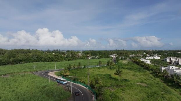 Aerial view of road near Belle Mare Beach in Mauritius.