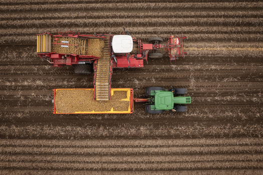 Aerial view of the potato harvest at Keogh s Farm with a red harvester and a green tractor in the tilled fields of Oldtown County Dublin Ireland. Aerial view of the potato harvest at Keogh s Farm with a red harvester and a green tractor in the tilled fields of Oldtown County Dublin Ireland.