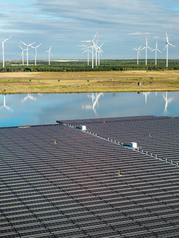 Aerial view of the floating solar park at Cottbuser Ostsee with rows of photovoltaic panels on the water wind turbines in the background and green landscape in Cottbus Brandenburg Germany. Aerial view of the floating solar park at Cottbuser Ostsee with rows of photovoltaic panels on the water wind turbines in the background and green landscape in Cottbus Brandenburg Germany.