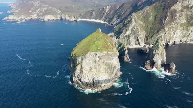 Aerial view of Tormore Island off the coast of Ireland.