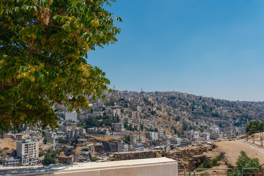 View of the historic Amman Citadel ruins overlooking the dense urban landscape of beige buildings under a clear blue sky in Amman Amman Governorate Jordan.