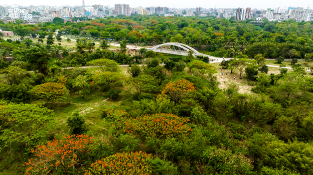 Aerial view of Rayer Bazaar with lush parkland vibrant orange flowering trees and a white arched pedestrian bridge set against the urban skyline of Dhaka Dhaka Division Bangladesh.