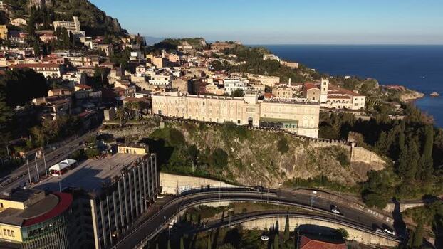 Aerial view of the historic town of Taormina on a cliff Italy.