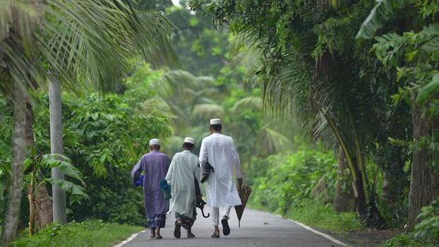 View of men walking on a rural road in Bogura Bangladesh. View of men walking on a rural road in Bogura Bangladesh.