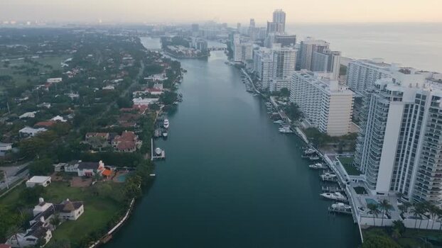 Aerial view of Miami Beach waterway in Florida United States.