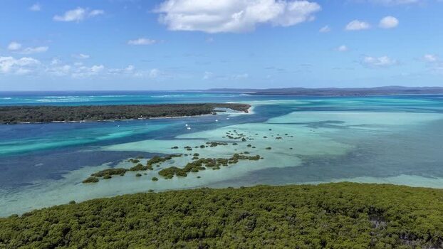Aerial view of Day s Gutter sand bank at Moreton Island Australia.