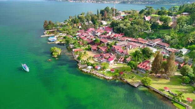 Aerial view of a lakeside village in Samosir Regency Indonesia.