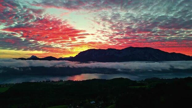 Aerial view of Attersee lake at sunset Austria.